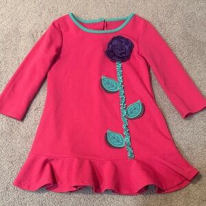 Vibrant Pink Kids Dress with Purple Floral Accent